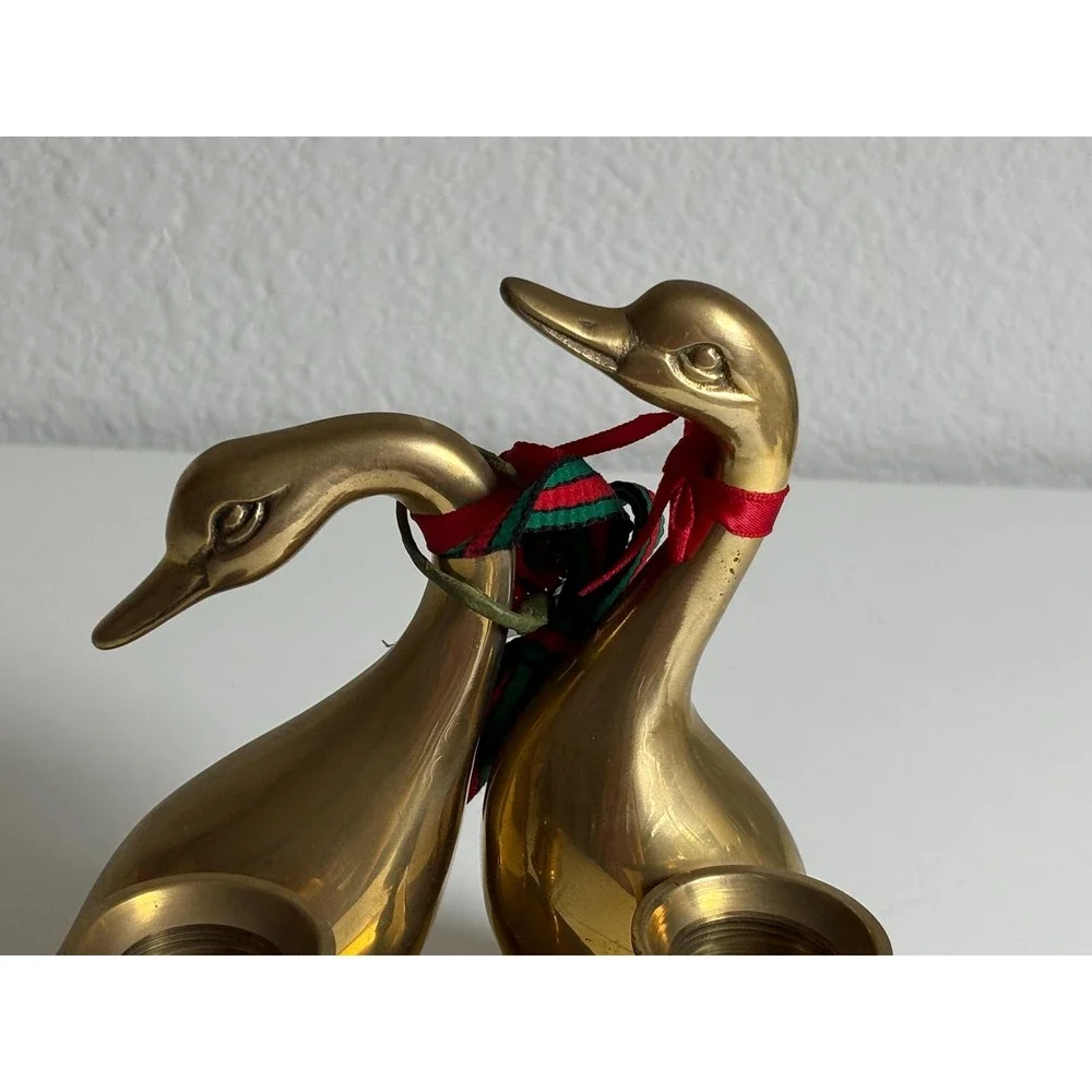 Vintage Brass Swan Candle Holder Double Bird Christmas